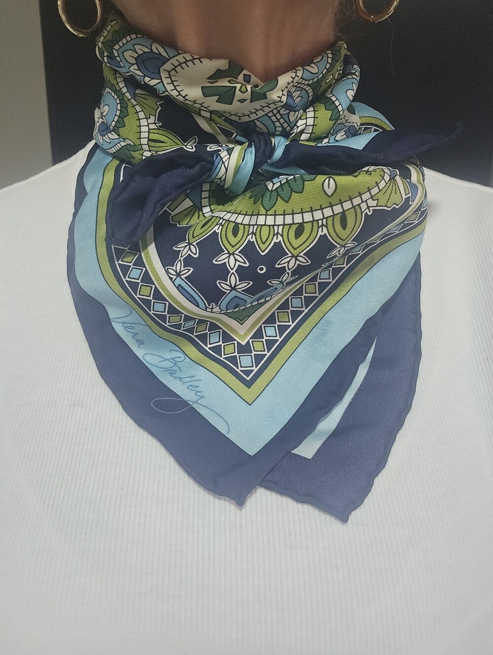 Vera Bradley 100% Silk Navy, Light Blue Green Paisley Floral Scarf, 27" Square - Picture 9 of 10